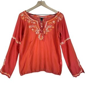 Lucky Brand Top Womens Small Orange Embroidered Long Sleeve Silk Blend